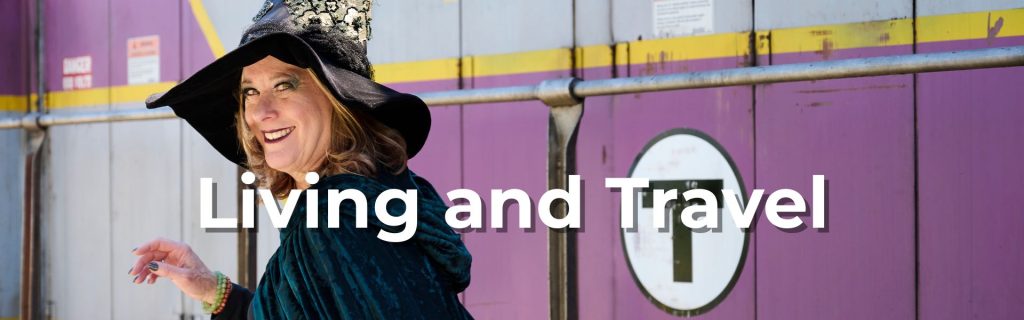 Photo of witch taking public transit in Salem, with title, "Living and Travel"